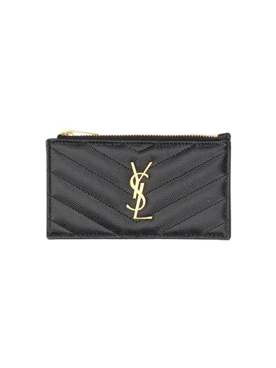 Saint Laurent Cassandre Mini Leather Card Case, 8 Cm X 13 Cm X 2 Cm In Black