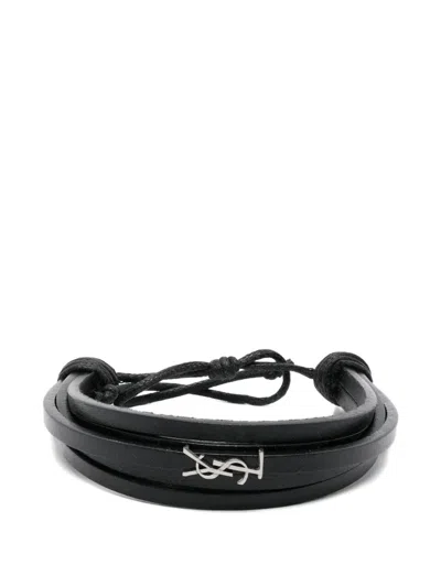 Saint Laurent Cassandre Multi-strand Leather Bracelet In Black