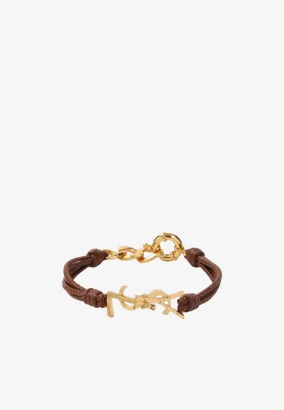 Saint Laurent Cassandre Multi-strand Leather Bracelet In Brown