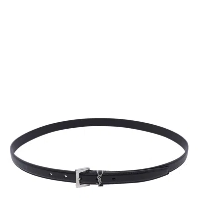 Saint Laurent Cassandre Buckle Grained Leather Belt In Black