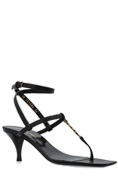 Saint Laurent Mini Raffia Open Toe Sandals In Black