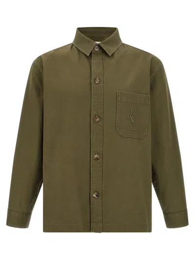 Saint Laurent Green Shirt With Classic Collar And Cassandre Embroidery On The Front In Cotton Man