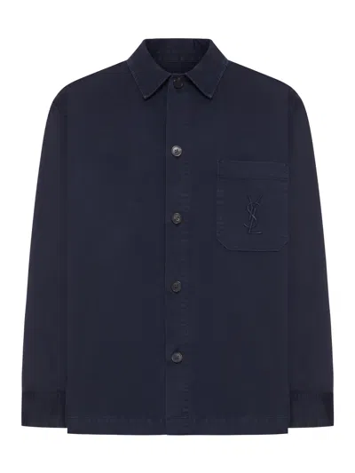 Saint Laurent Cassandre Overshirt In Cotton And Linen Gabardine In Blue