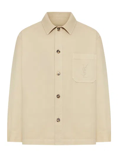 Saint Laurent Cassandre Overshirt In Cotton And Linen Gabardine In Neutral