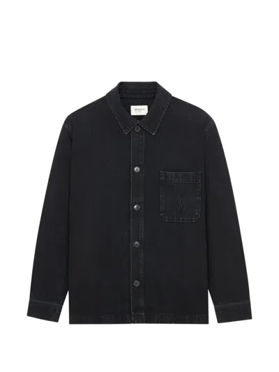 Saint Laurent Logo-embroidered Cotton And Linen-blend Gabardine Overshirt In Black