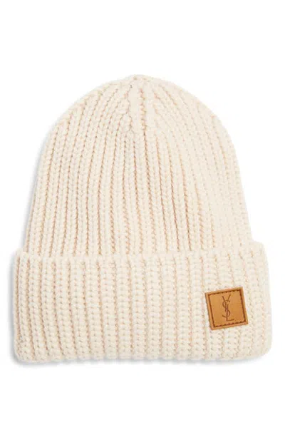 Saint Laurent Cassandre Patch Wool Beanie In Off White