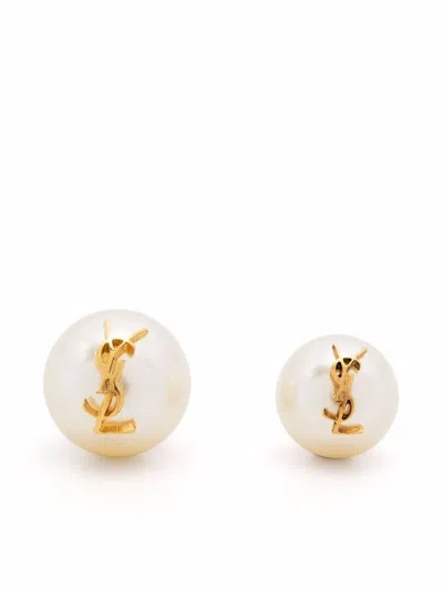 Saint Laurent Cassandre Pearl Earrings In Laiton Cre