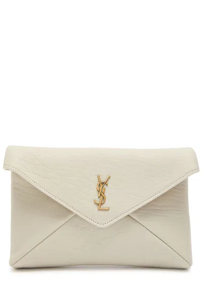 Saint Laurent Cassandre Pebbled Leather Clutch In White
