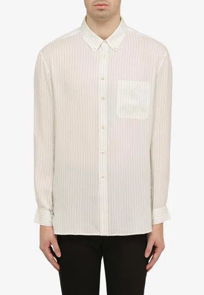 Saint Laurent Cassandre Pinstripe Silk Long-sleeved Shirt In Neutral