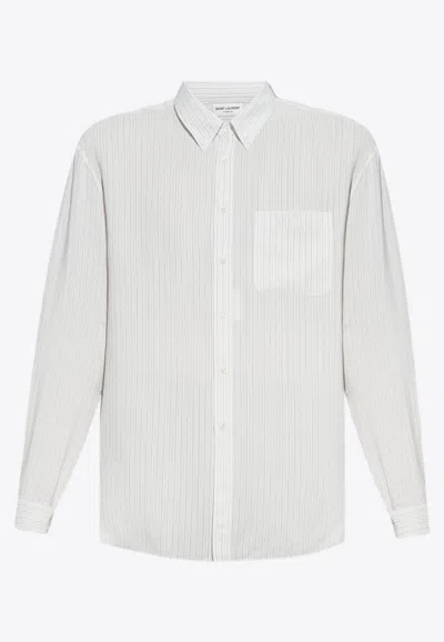Saint Laurent Cassandre Pinstripe Silk Shirt In Cream