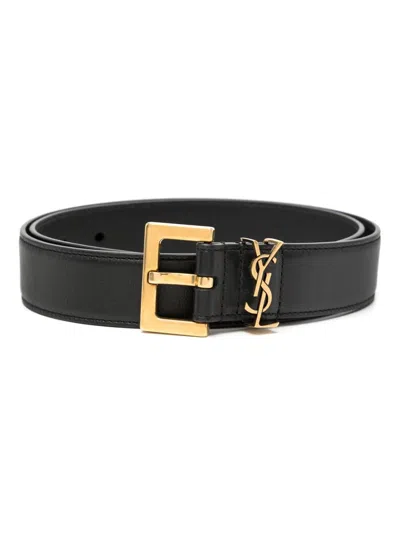 Saint Laurent Cassandre Thin Belt With Square Buckle In Box Leather Accessories In Gold
