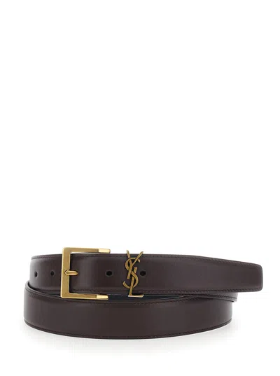 Saint Laurent Cassandre Plate Leather Belt In Brown