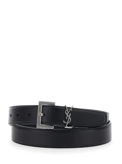 Saint Laurent Cassandre Plate Leather Belt In Black