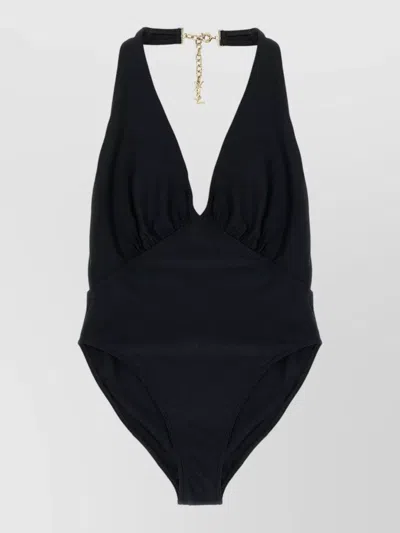 Saint Laurent Cassandre Plunge Halter Swimsuit Cut Out In Black