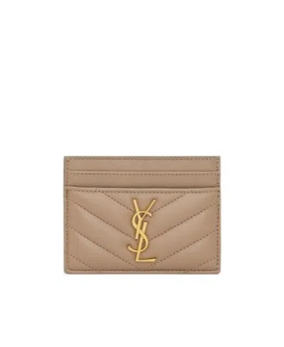 Saint Laurent Cassandre Quilted Card Bag In Nude