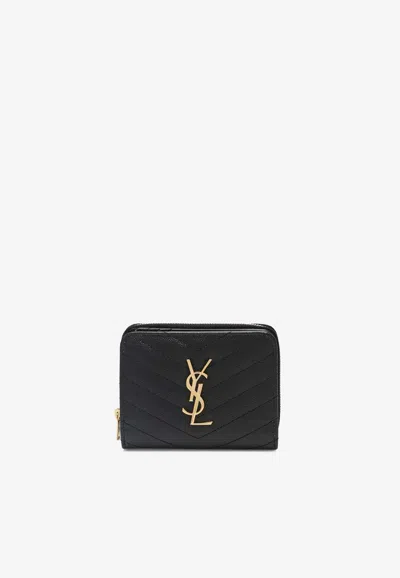 Saint Laurent Cassandre Quilted Compact Zip-around Wallet In Black