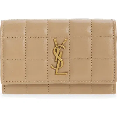 Saint Laurent Cassandre Quilted Leather Card Holder In Brown