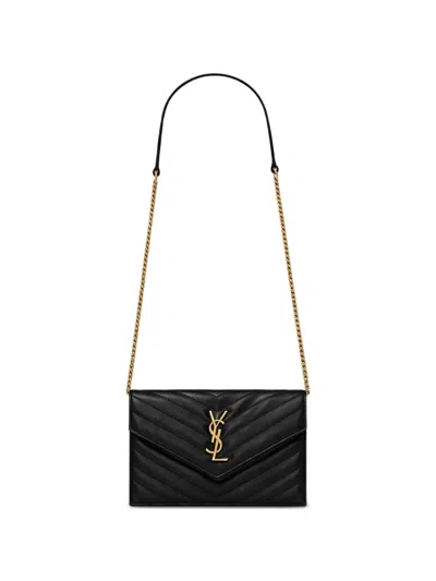 Saint Laurent Cassandre Quilted Leather Chain Wallet In Black