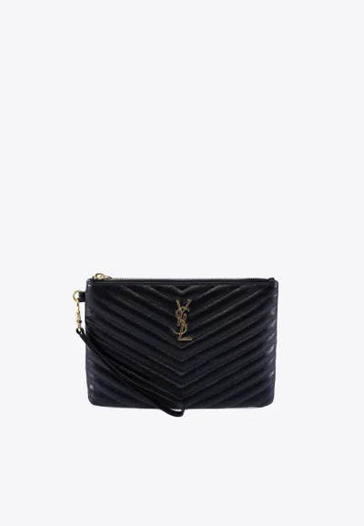 Saint Laurent Cassandre Quilted Leather Pouch Bag In Black