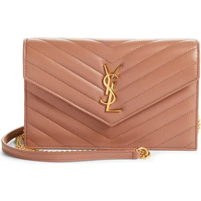 Saint Laurent Cassandre Quilted Leather Wallet On A Chain In Pink