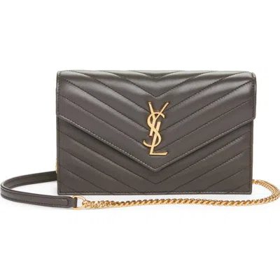 Saint Laurent Cassandre Quilted Leather Wallet On A Chain In White