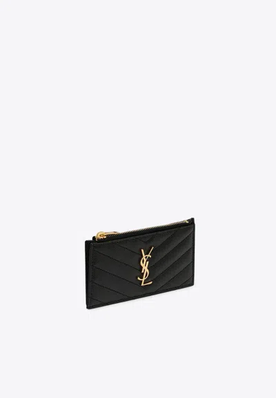 Saint Laurent Logo Plaque Leather Card Holder In Black