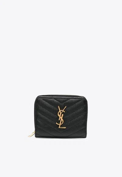 Saint Laurent Cassandre Quilted Leather Zip Wallet In Black