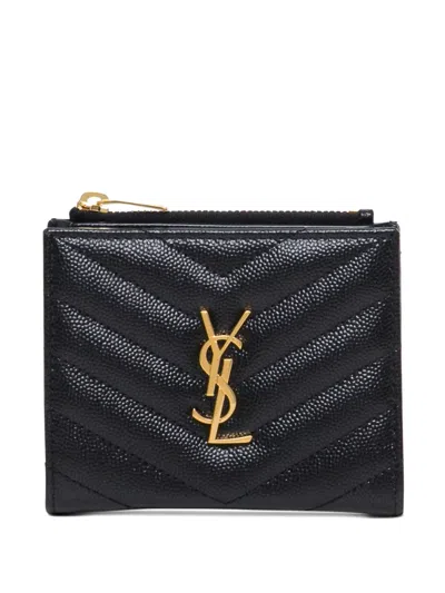 Saint Laurent Cassandre Quilted Logo Wallet In Black