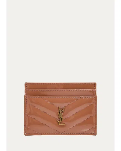 Saint Laurent Cassandre Quilted Patent Leather Card Case In Faded Brick