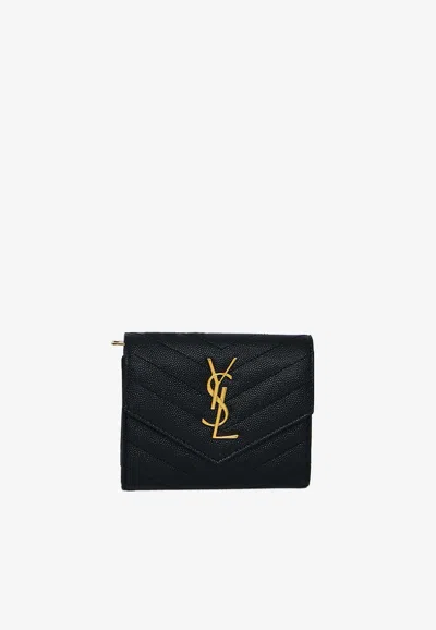 Saint Laurent Cassandre Quilted Tri-fold Wallet In Black