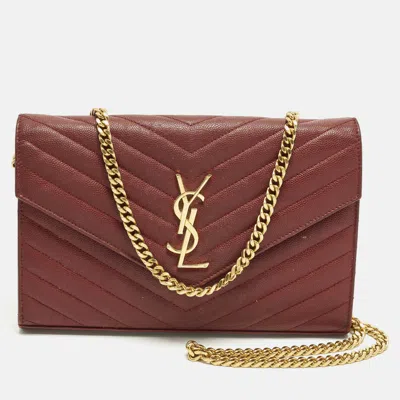 Pre-owned Saint Laurent Cassandre Red Matelassé Leather Wallet On Chain