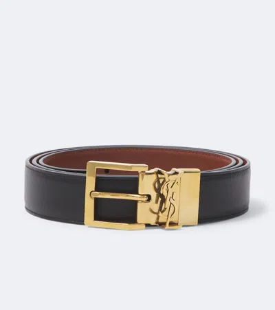 Saint Laurent Cassandre Reversible Leather Belt In Black