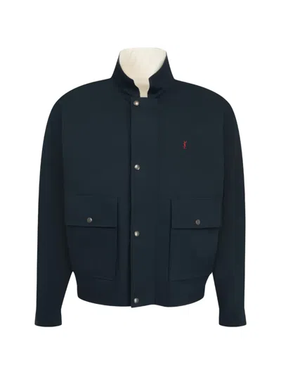 Saint Laurent Cassandre Reversible Work Jacket In Brushed Cotton Canvas In Blue