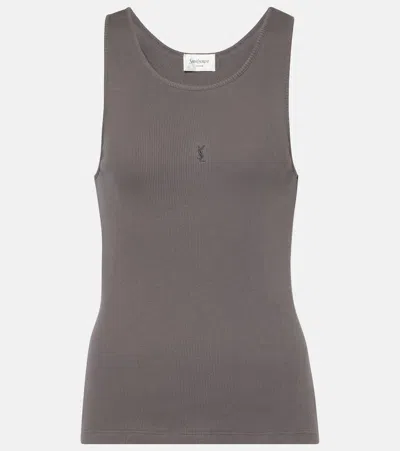 Saint Laurent Cassandre Ribbed-knit Cotton Tank Top In Grey