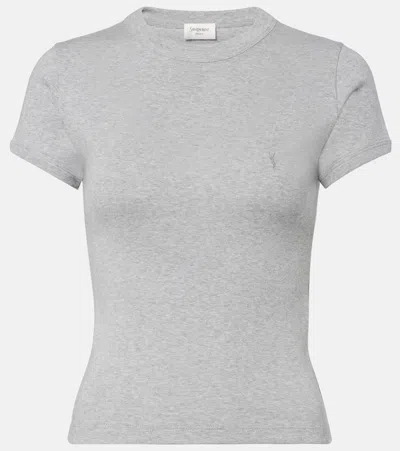 Saint Laurent Cassandre Ribbed-knit Cotton T-shirt In Gray