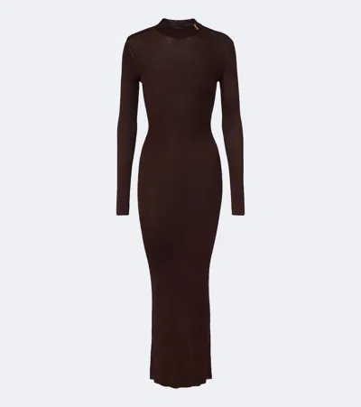 Saint Laurent Cassandre Ribbed-knit Silk Midi Dress In Brown