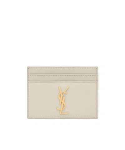 Saint Laurent Cassandre  Card Case In Lizard-embossed Leather In White