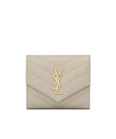 Saint Laurent Cassandre  Matelassé Multi-folded Wallet In Grain De Poudre Embossed Leather In Gray