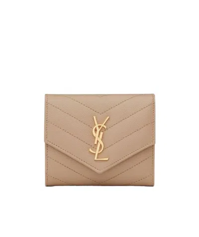 Saint Laurent Cassandre  Matelassé Multi-folded Wallet In Grain De Poudre Embossed Leather In Brown