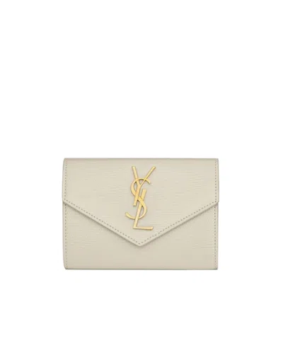 Saint Laurent Cassandre  Small Envelope Wallet In Lizard-embossed Leather In White