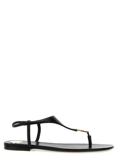 Saint Laurent Cassandra Leather Flat Sandals In Black