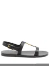 Saint Laurent Black Sandals With Metal Cassandre On The Front And Adjustable Strap In Leather Woman In Black