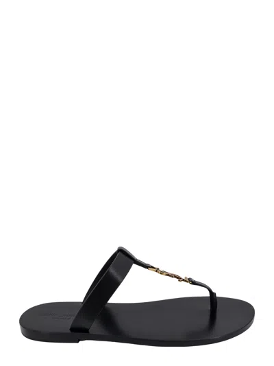 Saint Laurent Cassandre Logo-plaque Leather Sandals In Black