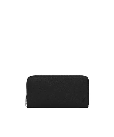 Saint Laurent Cassandre Shadow  Zip-around Wallet In Grained Leather In Black