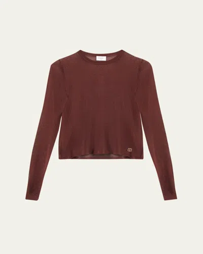 Saint Laurent Cassandre Sheer Knit Long-sleeve Top In Burgundy