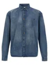 Saint Laurent Blue Long Sleeves Logo Denim Shirt In Blue