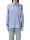 Saint Laurent Cassandre Striped Long-sleeved Shirt In Blue