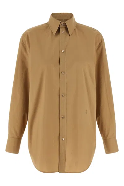 Saint Laurent Embroidered-logo Poplin Shirt In Brown