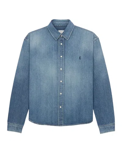 Saint Laurent Cassandre Shirt In Cotton - Men's Collection In Blue