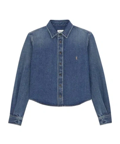 Saint Laurent Cassandre Shirt In Denim In Blue